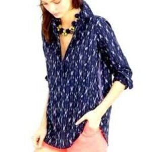 J. Crew Factory Ikat Cotton Blue Tunic Blouse Women's XS Coastal Bohemian